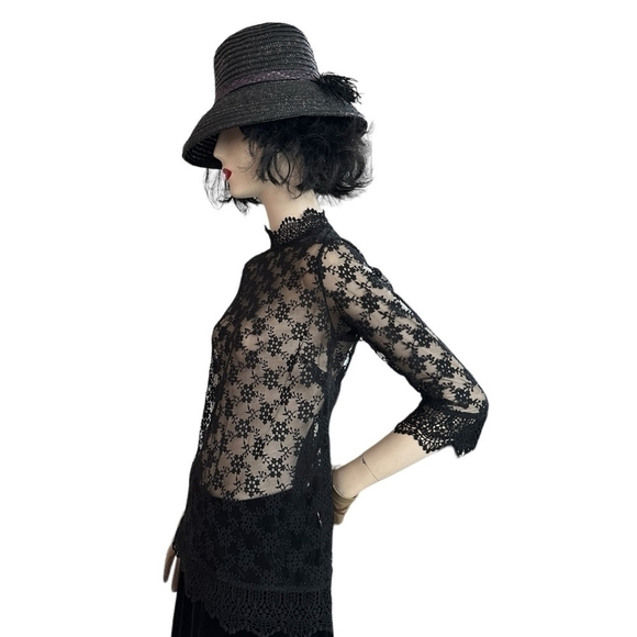 Women's Blouse Marks & Spencer Black Lace Blouse 3/4 Sleeve Sheer Crochet Top - Picture 3 of 9